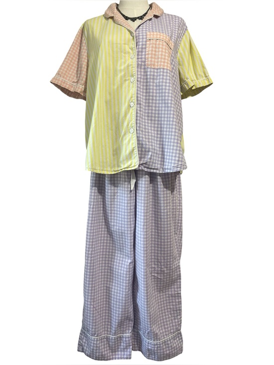 Lands' End Other - Vintage Lands' End Gingham Stripe Pajama Set Large Yellow Pink Cozy 100% Cotton